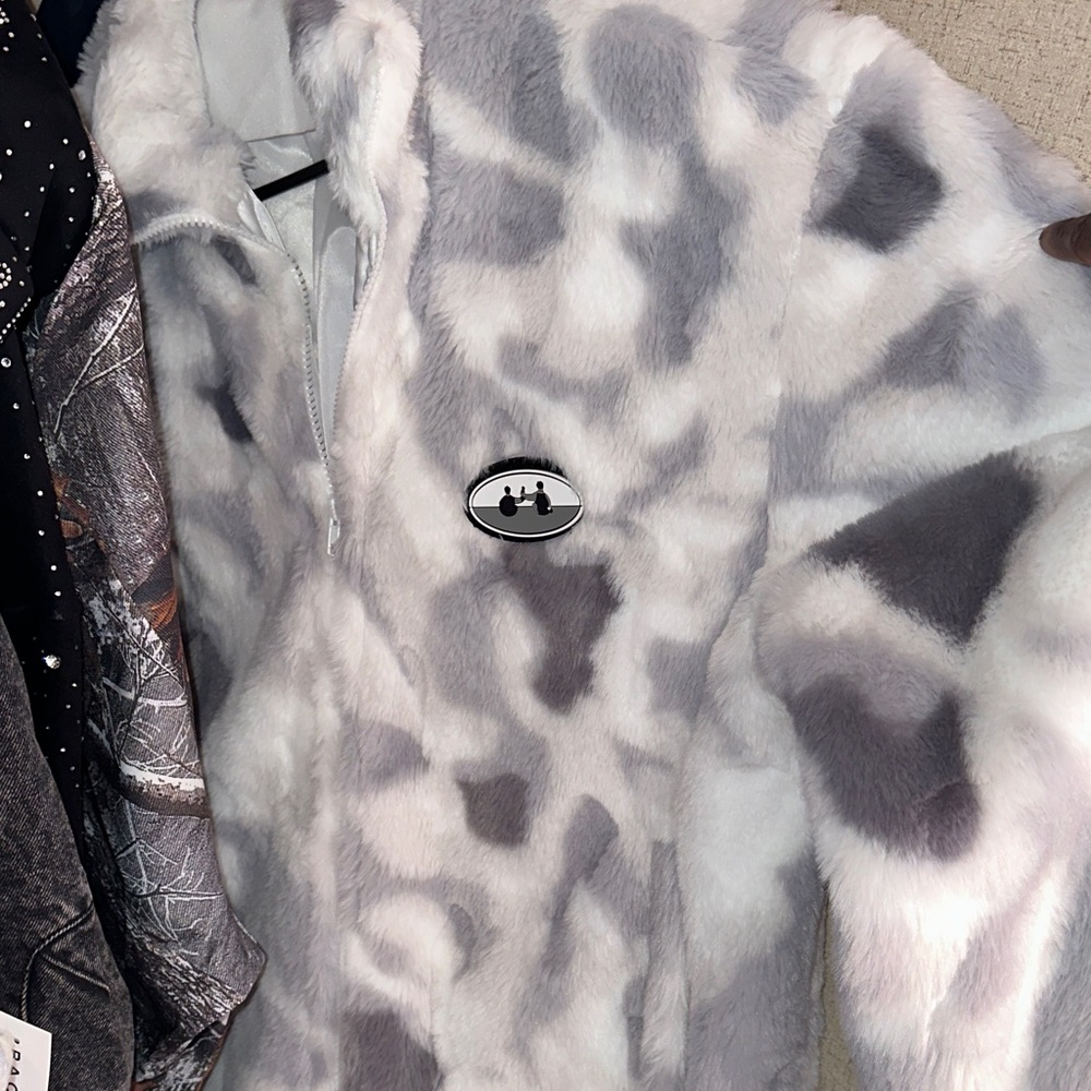 Gray and White Faux Fur Bomber Jacket